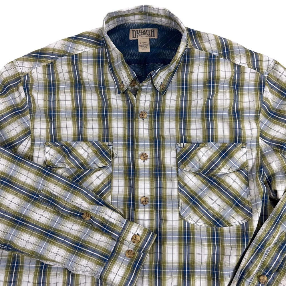 Duluth Trading Co Shirt Mens LT Tall Green Plaid Button Down Outdoor Hiking Camp